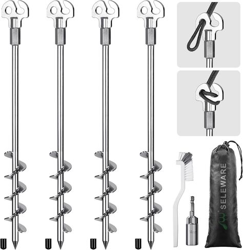 SELEWARE 18 Inch Ground Anchors Screw in, 4 Pack Heavy Duty Trampoline Stakes Tent Stakes High Wind Wider Spiral Earth Anchors for Trampolines Camping Tent Sheds Carports Securing Animals Swing Sets in Kuwait