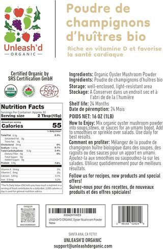 مسحوق فطر المحار العضوي من Unleash'd، 16 أونصة - طعام فائق نقي 100%، يدعم المناعة والصحة in Kuwait
