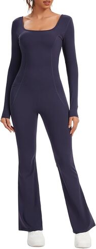 ECUPPER Women Long Sleeve Flared Jumpsuit Scrunch Romper One Piece Full Bodysuits Yoga Unitard Wide Leg Catsuit with Pocket in Saudi Arabia