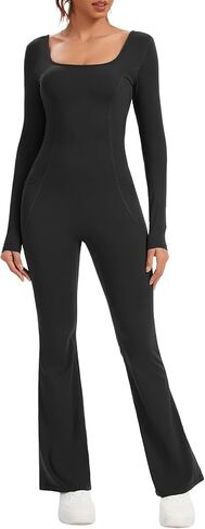 ECUPPER Women Long Sleeve Flared Jumpsuit Scrunch Romper One Piece Full Bodysuits Yoga Unitard Wide Leg Catsuit with Pocket in Saudi Arabia