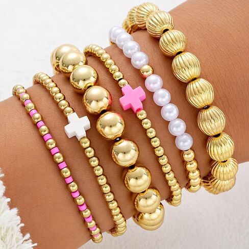 CJIAYUJEW Gold Beaded Bracelet Stack for Women Stretch Cross Pearl Black&gold Beaded Bracelets Set Stackable Jewelry in Saudi Arabia