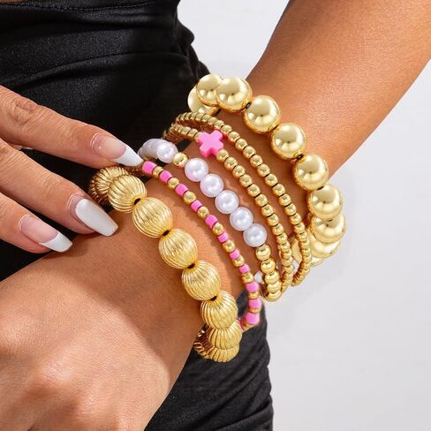 CJIAYUJEW Gold Beaded Bracelet Stack for Women Stretch Cross Pearl Black&gold Beaded Bracelets Set Stackable Jewelry in Saudi Arabia