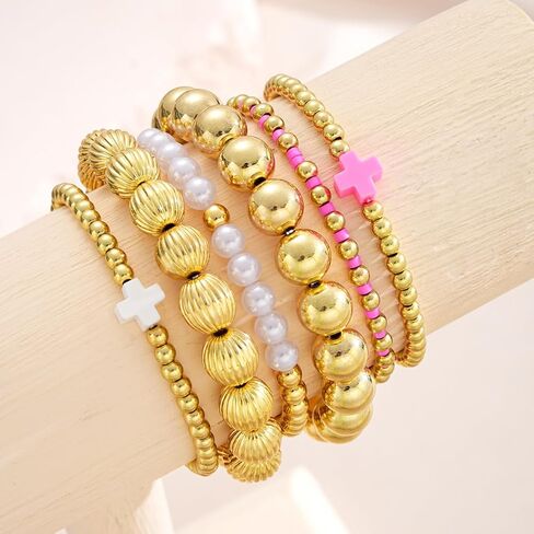 CJIAYUJEW Gold Beaded Bracelet Stack for Women Stretch Cross Pearl Black&gold Beaded Bracelets Set Stackable Jewelry in Saudi Arabia