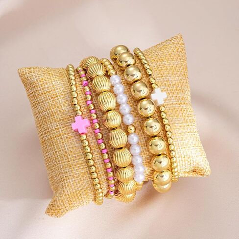 CJIAYUJEW Gold Beaded Bracelet Stack for Women Stretch Cross Pearl Black&gold Beaded Bracelets Set Stackable Jewelry in Saudi Arabia