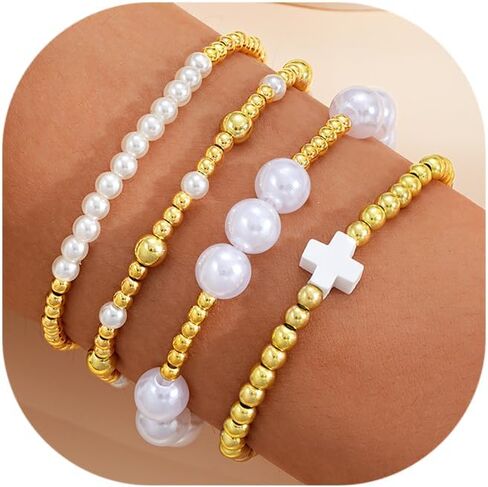 CJIAYUJEW Gold Beaded Bracelet Stack for Women Stretch Cross Pearl Black&gold Beaded Bracelets Set Stackable Jewelry in Saudi Arabia