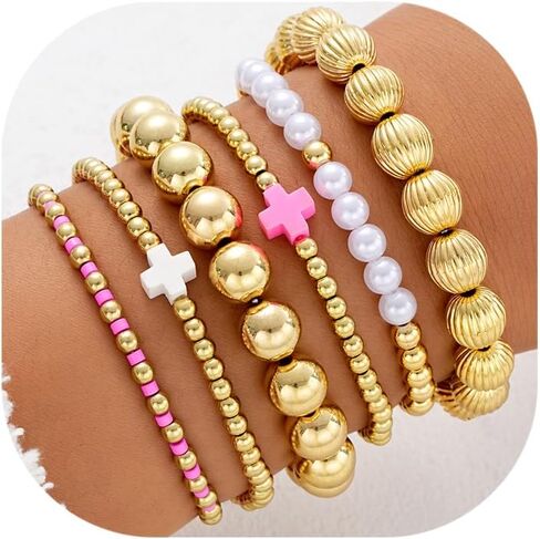 CJIAYUJEW Gold Beaded Bracelet Stack for Women Stretch Cross Pearl Black&gold Beaded Bracelets Set Stackable Jewelry in Saudi Arabia