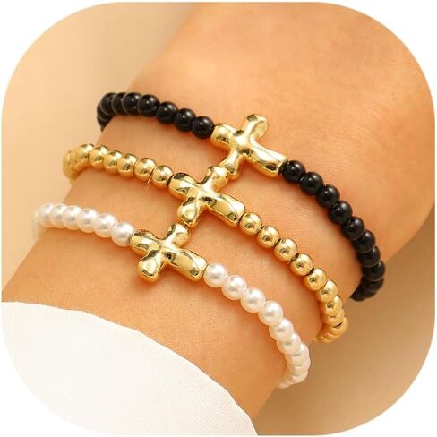 CJIAYUJEW Gold Beaded Bracelet Stack for Women Stretch Cross Pearl Black&gold Beaded Bracelets Set Stackable Jewelry in Saudi Arabia
