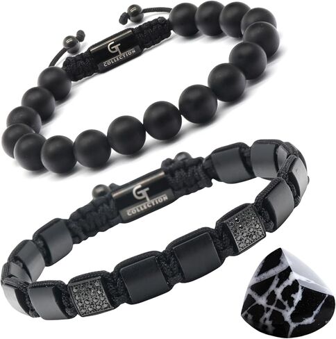 مجموعة GT المكونة من قطعتين - سوار مطرز للرجال وسوار مسطح | هدية للرجال | مقاس واحد يناسب الجميع | يستخدم لتأثيراته الأرضية | طبيعي 100% | سوار قابل للتعديل للرجال مع الأحجار الكريمة in Kuwait