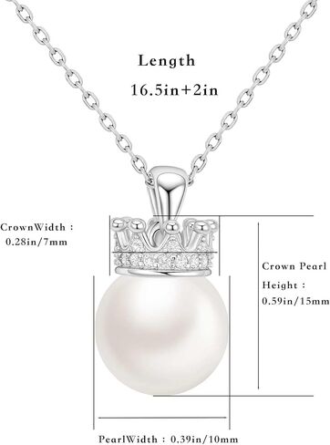 عقد من اللؤلؤ للنساء، عقد من اللؤلؤ المفرد مقاس 10 مم، قلادة من اللؤلؤ على شكل تاج الأميرة الفضي هدية مجوهرات أنيقة للزوجة والأم والصديقة والذكرى السنوية وعيد الميلاد وعيد الحب in Kuwait