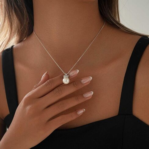 عقد من اللؤلؤ للنساء، عقد من اللؤلؤ المفرد مقاس 10 مم، قلادة من اللؤلؤ على شكل تاج الأميرة الفضي هدية مجوهرات أنيقة للزوجة والأم والصديقة والذكرى السنوية وعيد الميلاد وعيد الحب in Kuwait