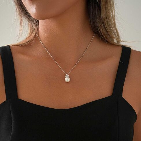 عقد من اللؤلؤ للنساء، عقد من اللؤلؤ المفرد مقاس 10 مم، قلادة من اللؤلؤ على شكل تاج الأميرة الفضي هدية مجوهرات أنيقة للزوجة والأم والصديقة والذكرى السنوية وعيد الميلاد وعيد الحب in Kuwait