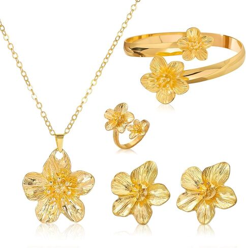 مجموعة مجوهرات الزهرة الذهبية للنساء، قلادة زهرة ذهبية أنيقة، أقراط زهرة بوهو للنساء، هدايا مجوهرات الأزهار in Saudi Arabia