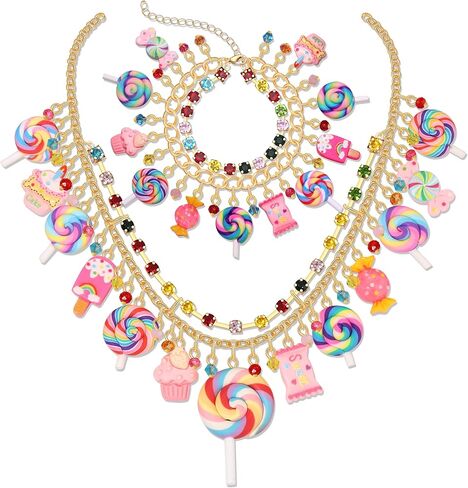 Candy Lollipop Layered Necklace Bracelet Set for Women Novelty Funny Colorful Sparkle Crystal Lollipop Candy Cake Pendant Choker Necklace Friendship Bangle Bracelet Holiday Party Jewelry Set in Saudi Arabia