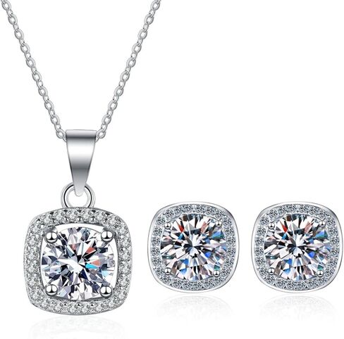14K Gold 1/2 Carat Diamond Square Necklace & Stud Earrings Set, Micro-Pave Design Two-Piece Jewelry Set, Great for Women Birthday Gifts in Saudi Arabia