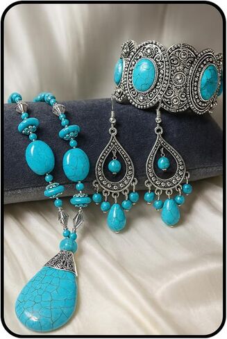 Pink Turquoise Jewelry Set for Women, 3Pcs Vintage Boho Western Statement Necklace Earrings Bracelet Chunky Silver Turquoise Jewelry Gift for Cowgirl Party 2025 in Saudi Arabia