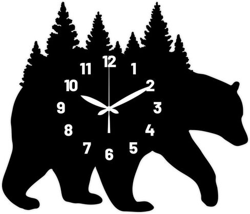 CHGCRAFT Bear Carrying Forest Pattern Wall Clock 15.2 Inch Wood Grain Non-Ticking Irregular Shape Clocks Wall Hanging Clock Battery Operated for Bedroom Living Room Kitchen Office in Saudi Arabia