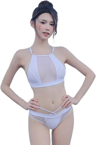 Sexy Sheer Mesh & Patchwork Bikini Set 2 Pieces Swimwear Adjustable Cross Strap Top & See-Through Briefs Swimsuit in Saudi Arabia