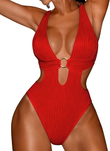 Sexy Women Plunge V One Piece Swimsuit,Cut Out Textured Cheeky High Cut Bathing Suit, Pool Party Monokini Rave Outfit in Saudi Arabia