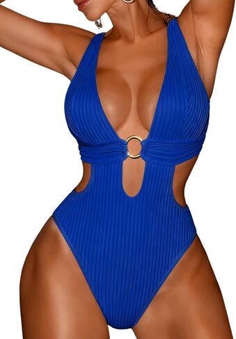 Sexy Women Plunge V One Piece Swimsuit,Cut Out Textured Cheeky High Cut Bathing Suit, Pool Party Monokini Rave Outfit in Saudi Arabia