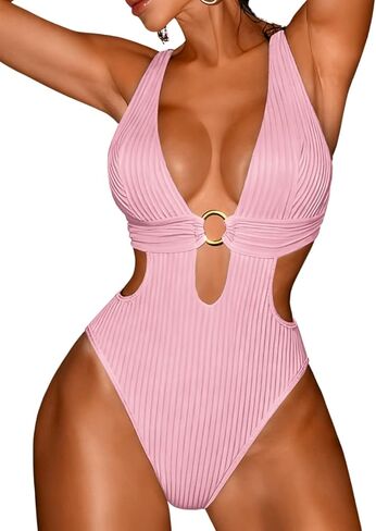 Sexy Women Plunge V One Piece Swimsuit,Cut Out Textured Cheeky High Cut Bathing Suit, Pool Party Monokini Rave Outfit in Saudi Arabia