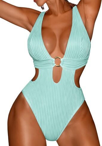 Sexy Women Plunge V One Piece Swimsuit,Cut Out Textured Cheeky High Cut Bathing Suit, Pool Party Monokini Rave Outfit in Saudi Arabia