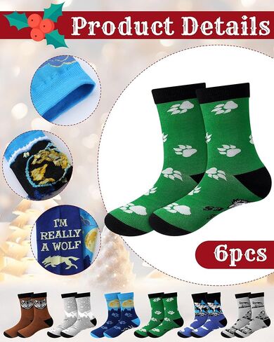 6 Pairs Christmas Fun Wolf Gifts Crew Socks Funny Wolf Silly Socks for Man and Woman, Christmas Stocking Stuffers in Saudi Arabia