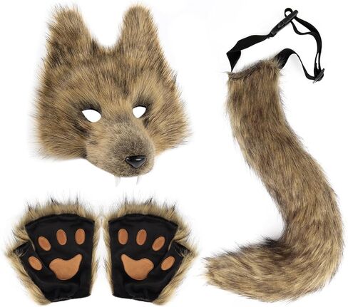 Realistic Werewolf Mask Gloves & Tail Set Wolf Mask,Gloves &Furry Tail,Complete Wolf Costume for Cosplay Christmas in Saudi Arabia