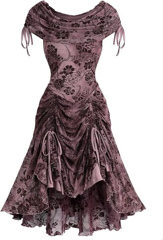 DRESSFO Steampunk Renaissance Costume Cold Shoulder Floral Ruffles Lace-up High Low Retro Dress in Saudi Arabia