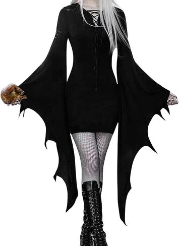 EVELUST Womens Gothic Witch Bat Sleeve Dress - Halloween Cosplay Costume Vintage Queen V-Neck Carnival Party Bodycon Outfit in Kuwait