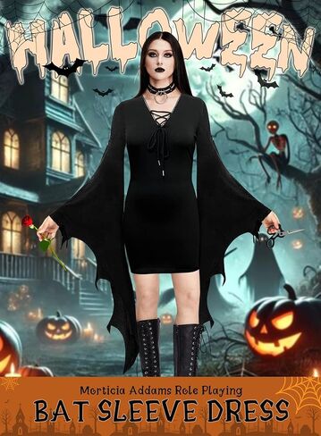 EVELUST Womens Gothic Witch Bat Sleeve Dress - Halloween Cosplay Costume Vintage Queen V-Neck Carnival Party Bodycon Outfit in Saudi Arabia