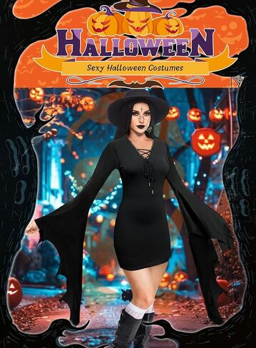 EVELUST Womens Gothic Witch Bat Sleeve Dress - Halloween Cosplay Costume Vintage Queen V-Neck Carnival Party Bodycon Outfit in Saudi Arabia