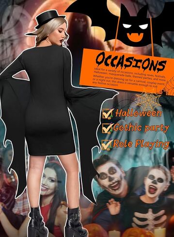 EVELUST Womens Gothic Witch Bat Sleeve Dress - Halloween Cosplay Costume Vintage Queen V-Neck Carnival Party Bodycon Outfit in Saudi Arabia