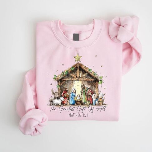 The Greatest Gift Of All Sweatshirt, Christian Christmas Nativity Scene Sweater, Matthew 1:21 Bible Verse Shirt, Religious Faith Jesus Birth Crewneck, in Saudi Arabia