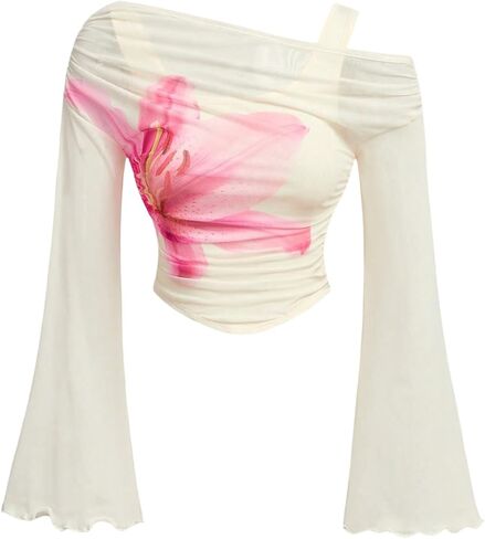 Floerns Girl's Off The Shoulder T Shirts Flare Sleeve Floral Mesh Ruched Tee Tops in Saudi Arabia