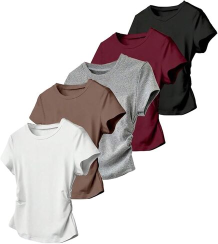 OYOANGLE Girl's 5 Pack Short Sleeve Ruched Tshirts Crew Neck Plain Tee Shirts Cute Summer Tops in Saudi Arabia
