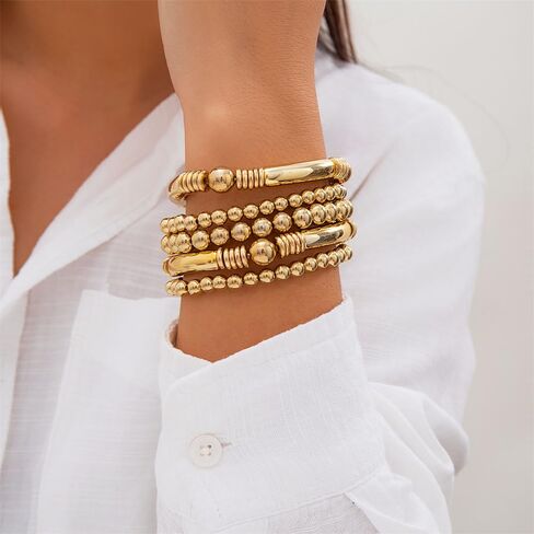 Set of 5 Bead Layered Elastic Stretch Bracelet for Women Dainty 14K Gold/Silver Plated Stack Bracelet Set Beaded Ball Bracelet Hypoallergenic Bohemian Stackable Bracelet Trendy Jewelry Gift in Saudi Arabia
