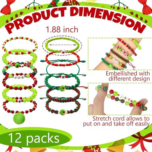 12 Pcs Lime Green and Red Christmas Bracelets Holiday Handmade Jewelry Accessories for Women Personalized Friendship Xmas Party Gift in Saudi Arabia