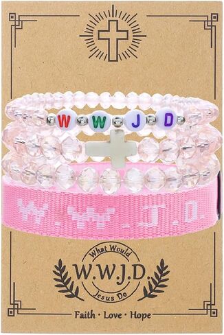 WWJD Cross Beaded Bracelets Set What Would Jesus Do Bracelets Handmade Beads Good Blessing Protection Religious Christian Jewelry for Easter Christmas Mother's Day in Saudi Arabia