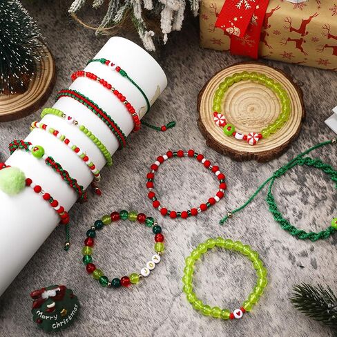 12 Pcs Lime Green and Red Christmas Bracelets Holiday Handmade Jewelry Accessories for Women Personalized Friendship Xmas Party Gift in Saudi Arabia