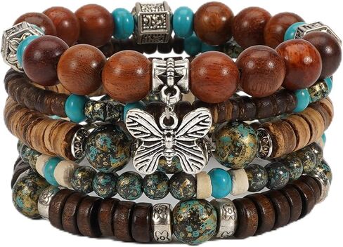 Boho Wooden Beads Bracelets Bohemian Bracelet Stack for Men Women Wood Beaded Bracelet Set in Saudi Arabia