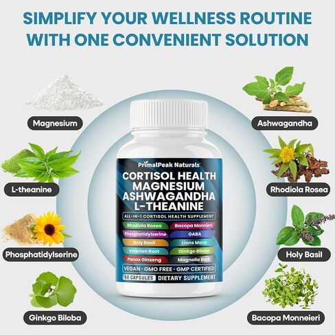 Cortisol Supplements for Women and Men with Magnesium, Ashwagandha, Rhodiola Rosea, L-Theanine for Cortisol Reducer, Stress Relief and Sleep Support Vegan Capsules - 60 Count in Saudi Arabia