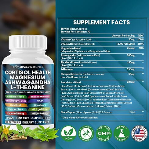 Cortisol Supplements for Women and Men with Magnesium, Ashwagandha, Rhodiola Rosea, L-Theanine for Cortisol Reducer, Stress Relief and Sleep Support Vegan Capsules - 60 Count in Saudi Arabia