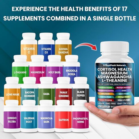 Cortisol Supplements for Women and Men with Magnesium, Ashwagandha, Rhodiola Rosea, L-Theanine for Cortisol Reducer, Stress Relief and Sleep Support Vegan Capsules - 60 Count in Saudi Arabia