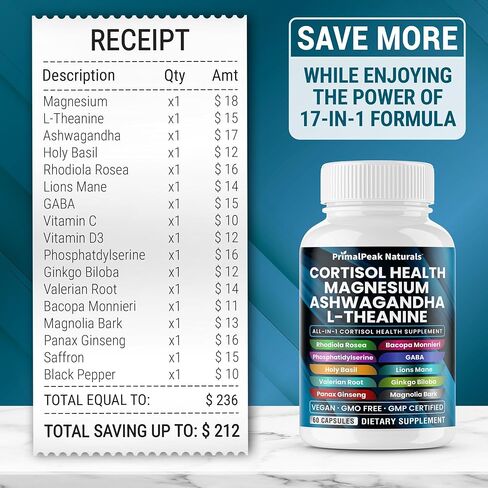 Cortisol Supplements for Women and Men with Magnesium, Ashwagandha, Rhodiola Rosea, L-Theanine for Cortisol Reducer, Stress Relief and Sleep Support Vegan Capsules - 60 Count in Saudi Arabia