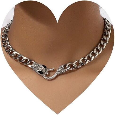 Luxury Cuban Link Chain Necklace with Crystal Snake Clasp, Gold and Silver, Chunky Curb Chain, Rhinestone Accent in Saudi Arabia
