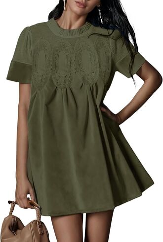 Athlisan Womens Faux Suede Mini Dress Lace Patchwork Short Sleeve Crew Neck A Line Babydoll Dress with Pockets in Saudi Arabia