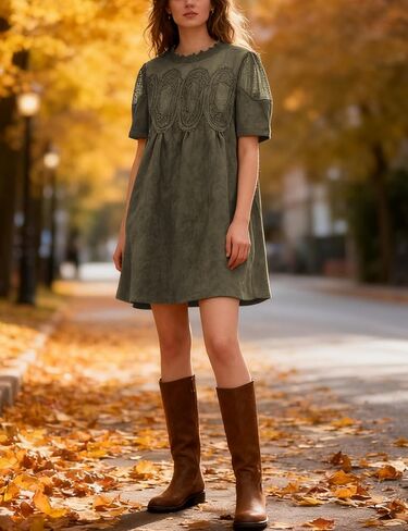 Athlisan Womens Faux Suede Mini Dress Lace Patchwork Short Sleeve Crew Neck A Line Babydoll Dress with Pockets in Saudi Arabia