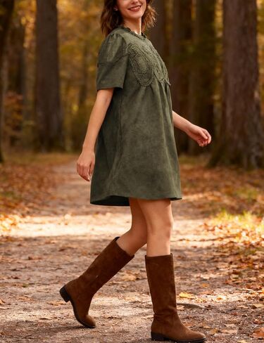 Athlisan Womens Faux Suede Mini Dress Lace Patchwork Short Sleeve Crew Neck A Line Babydoll Dress with Pockets in Saudi Arabia