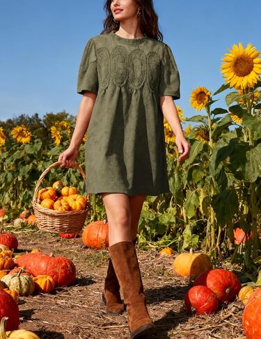 Athlisan Womens Faux Suede Mini Dress Lace Patchwork Short Sleeve Crew Neck A Line Babydoll Dress with Pockets in Saudi Arabia