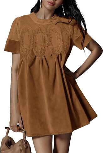 Athlisan Womens Faux Suede Mini Dress Lace Patchwork Short Sleeve Crew Neck A Line Babydoll Dress with Pockets in Saudi Arabia